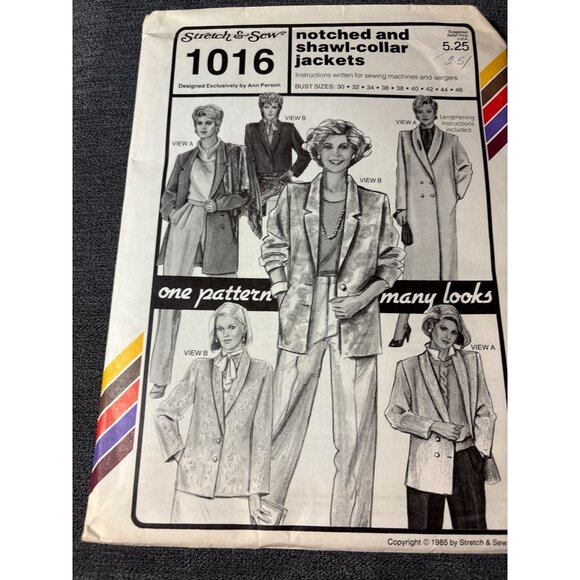 Stretch & Sew 1016 Notched & Shawl-Collar Jacket Sewing Pattern Bust Size 30-46 - Picture 5 of 5